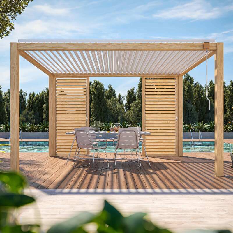 Pergola bioclimatica autoportante 3 x 4 m in alluminio bianco con decoro legno con 1, 2 o 3 schermi