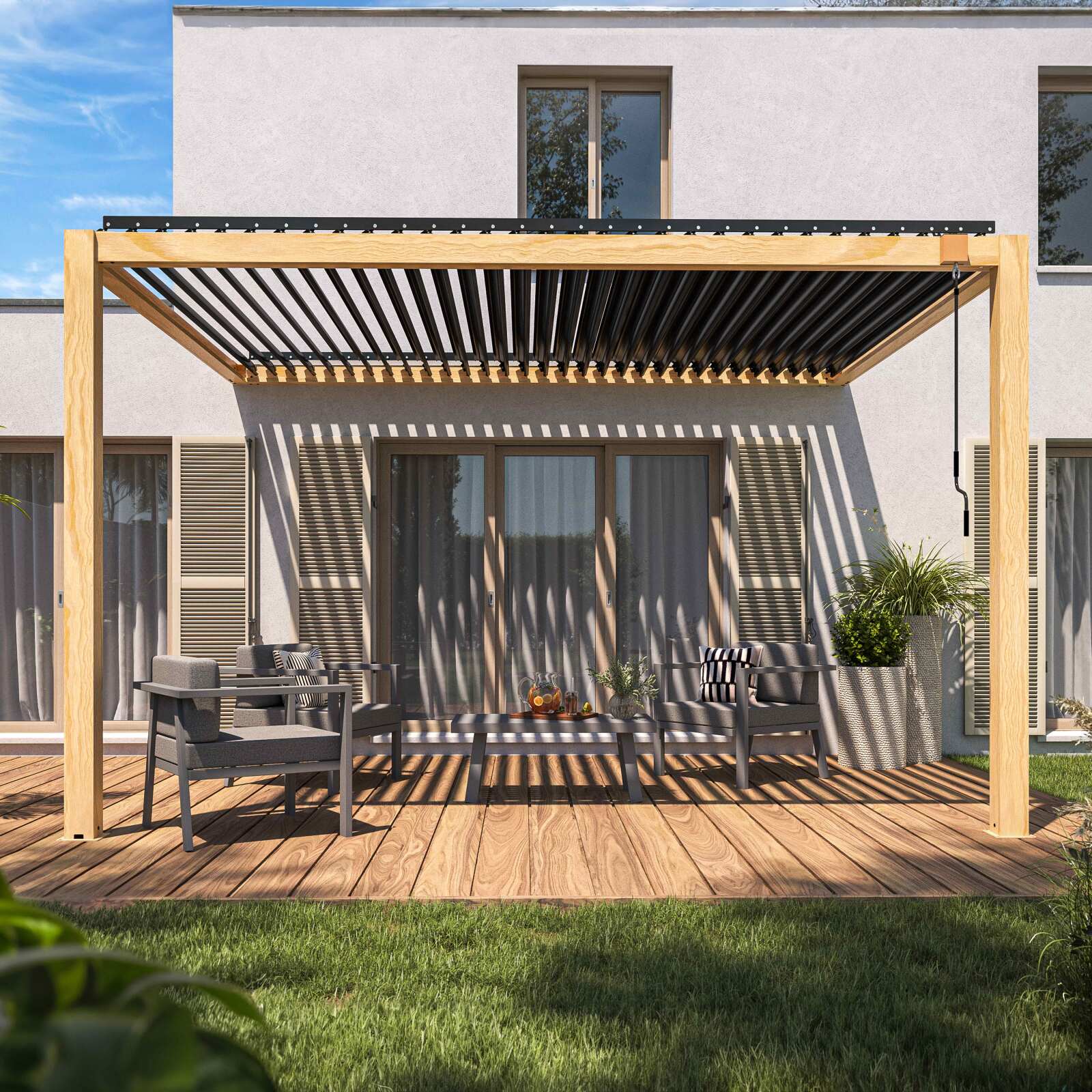 Pergola bioclimatica addossata 3 x 4 m in alluminio con decoro legno
