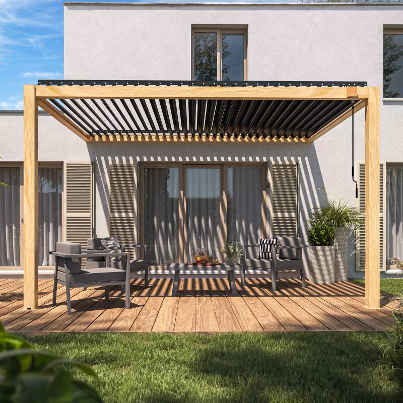 Pergola bioclimatica addossata 3 x 4 m in alluminio con decoro legno