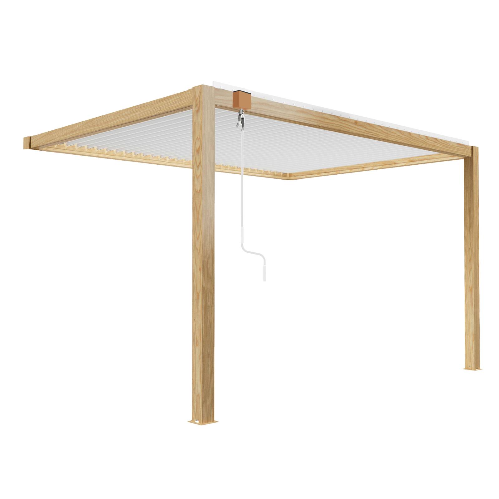 Pergola bioclimatica addossata 3 x 4 m in alluminio bianco con decoro legno