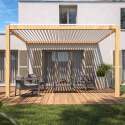 Pergola bioclimatica addossata 3 x 4 m in alluminio bianco con decoro legno