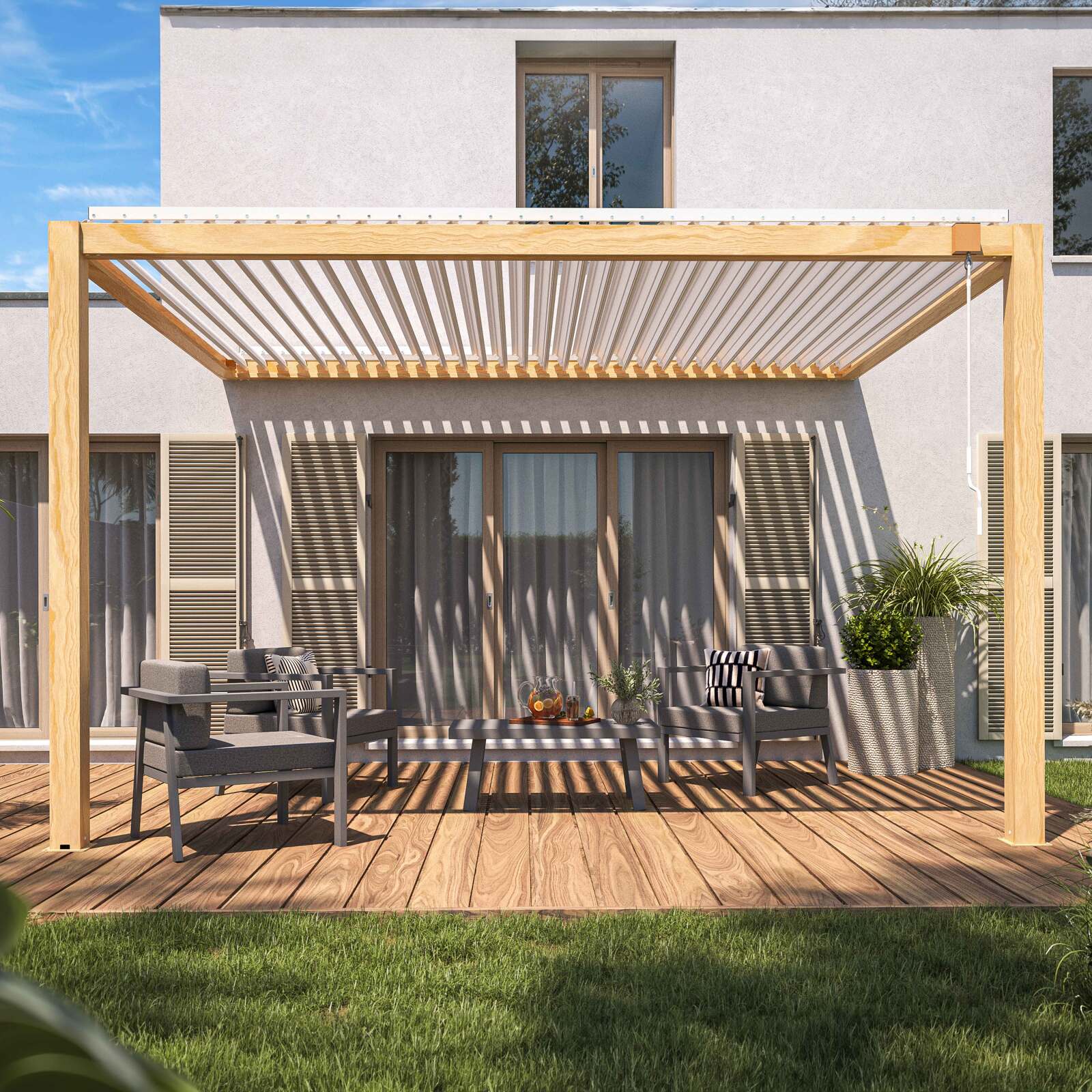 Pergola bioclimatica addossata 3 x 4 m in alluminio bianco con decoro legno