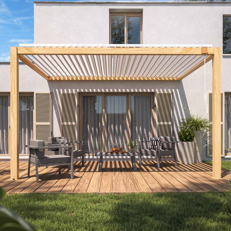 Pergola bioclimatica addossata 3 x 4 m in alluminio bianco con decoro legno