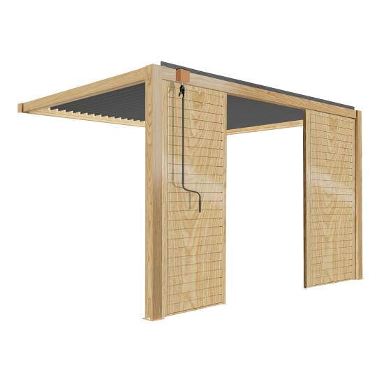 Pergola bioclimatica addossata 3 x 4 m in alluminio con decoro legno con 1, 2 o 3 schermi | Oviala