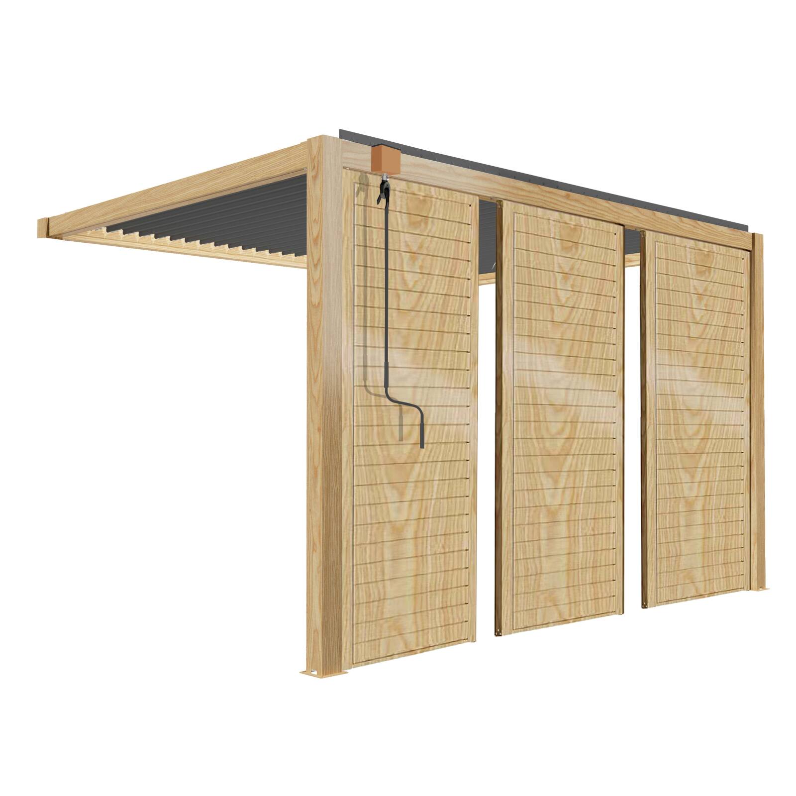 Pergola bioclimatica addossata 3 x 4 m in alluminio con decoro legno con 1, 2 o 3 schermi