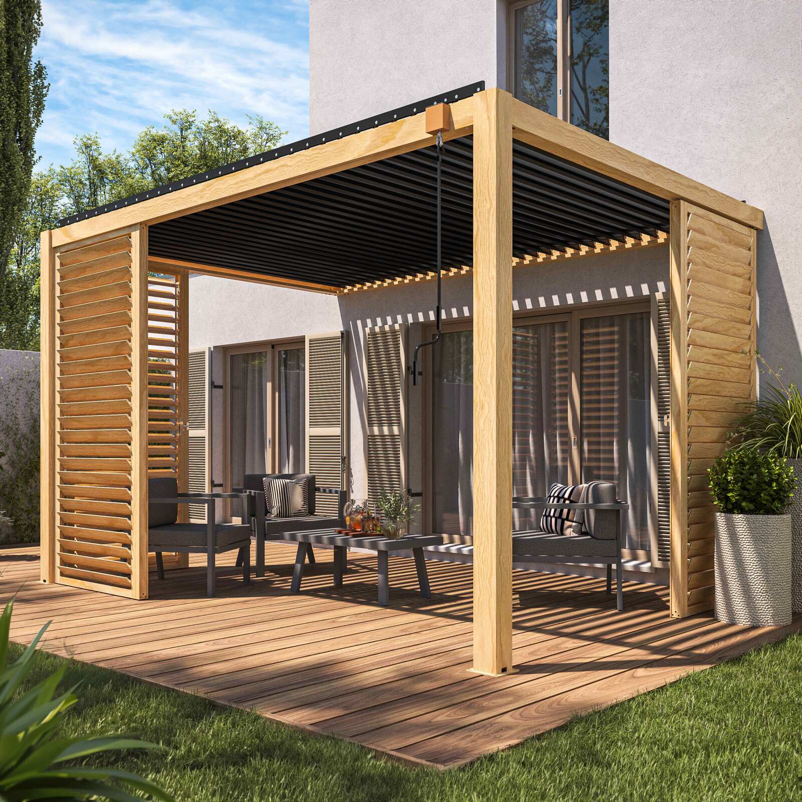 Pergola bioclimatica addossata 3 x 4 m in alluminio con decoro legno con 1, 2 o 3 schermi