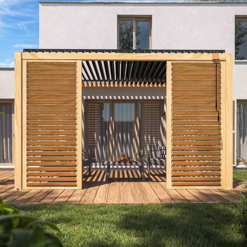 Pergola bioclimatica addossata 3 x 4 m in alluminio con decoro legno con 1, 2 o 3 schermi