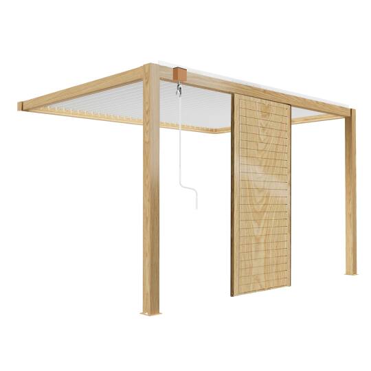 Pergola bioclimatica addossata 3 x 4 m in alluminio bianco con decoro legno con 1, 2 o 3 schermatura