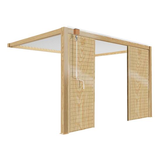 Pergola bioclimatica addossata 3 x 4 m in alluminio bianco con decoro legno con 1, 2 o 3 schermatura | Oviala