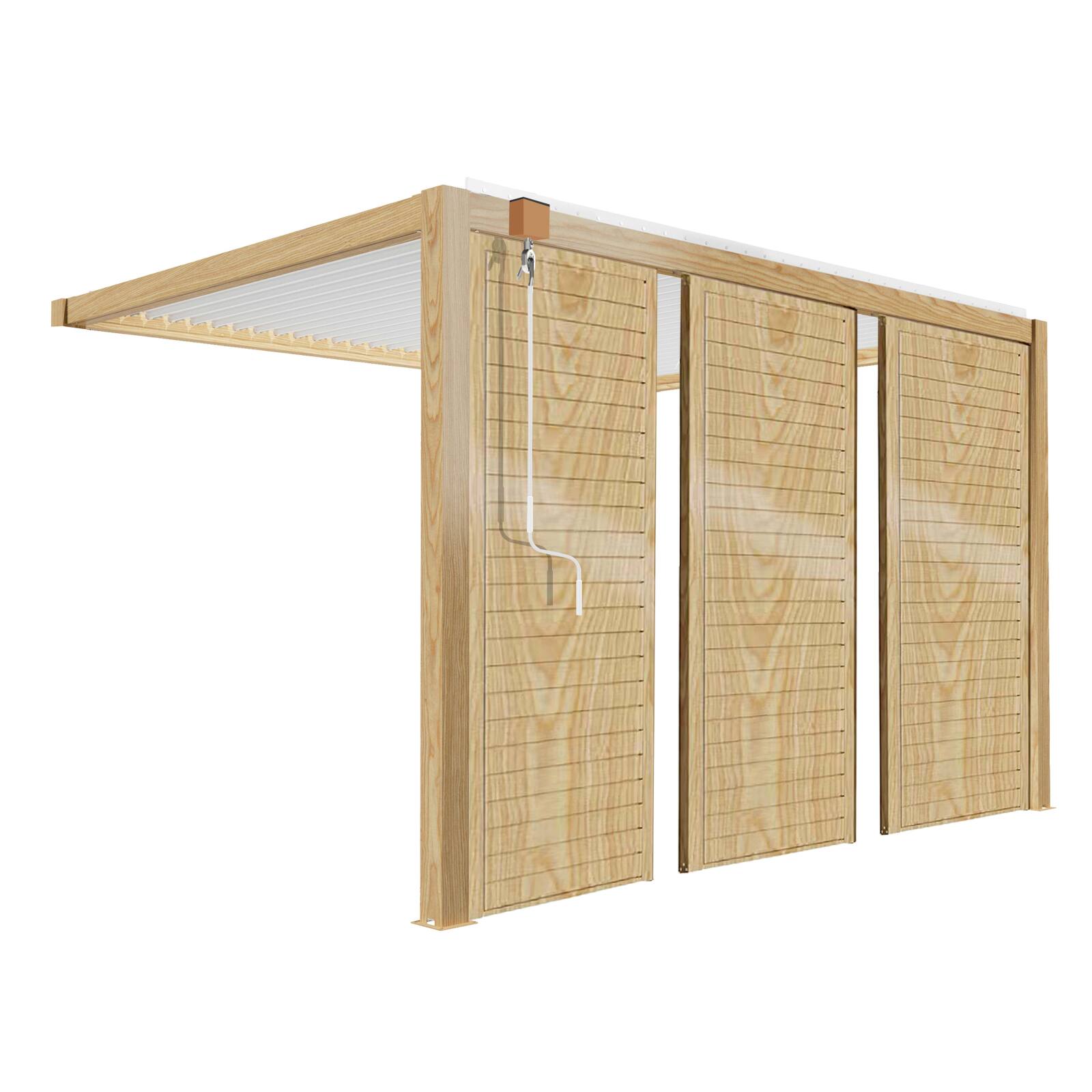 Pergola bioclimatica addossata 3 x 4 m in alluminio bianco con decoro legno con 1, 2 o 3 schermatura 