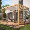 Pergola bioclimatica addossata 3 x 4 m in alluminio bianco con decoro legno con 1, 2 o 3 schermatura