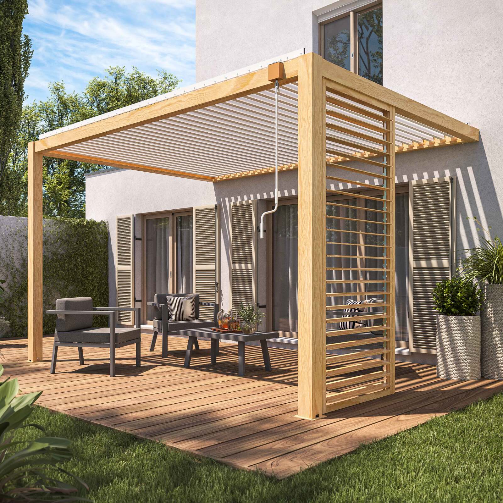 Pergola bioclimatica addossata 3 x 4 m in alluminio bianco con decoro legno con 1, 2 o 3 schermatura 