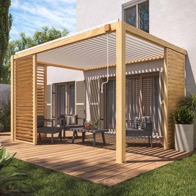 Pergola bioclimatica addossata 3 x 4 m in alluminio bianco con decoro legno con 1, 2 o 3 schermatura 