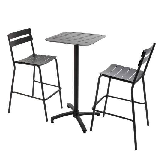 Tavolo alto da esterno bistrot quadrato inclinabile in alluminio 60x60 cm e 2 sedie alte | Oviala