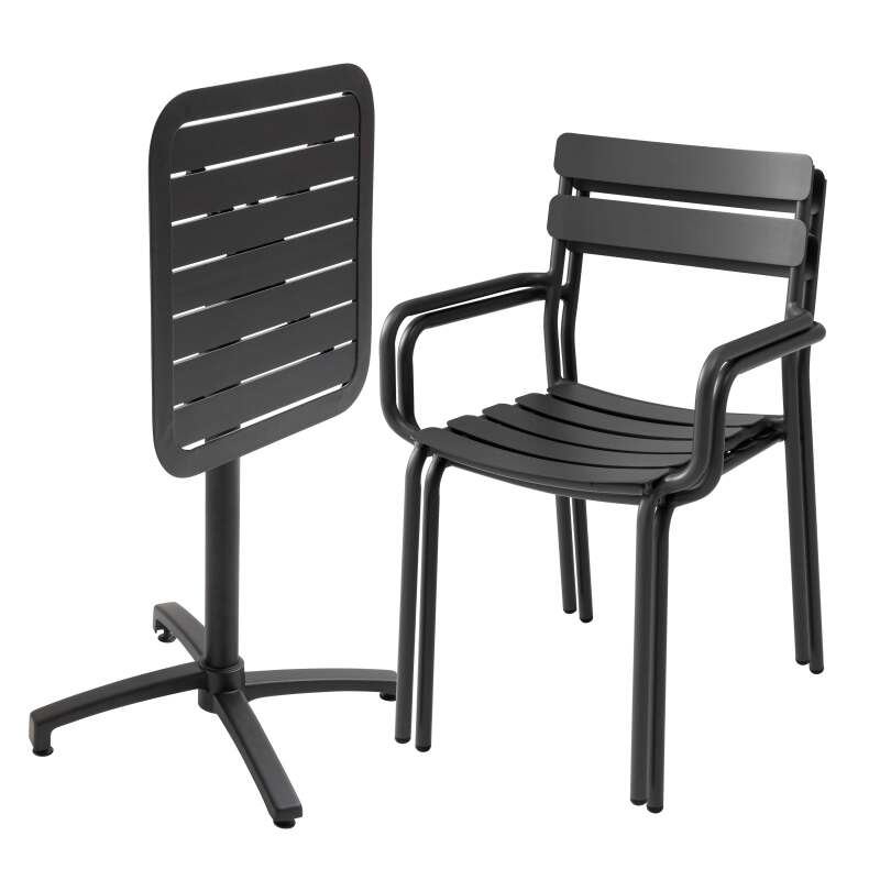 Tavolo da terrazza inclinabile in alluminio 60x60 cm e 2 sedie con braccioli