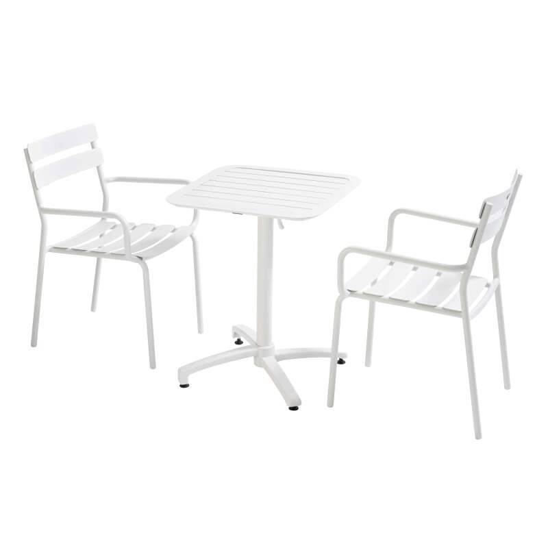 Tavolo da terrazza inclinabile in alluminio 60x60 cm e 2 sedie con braccioli