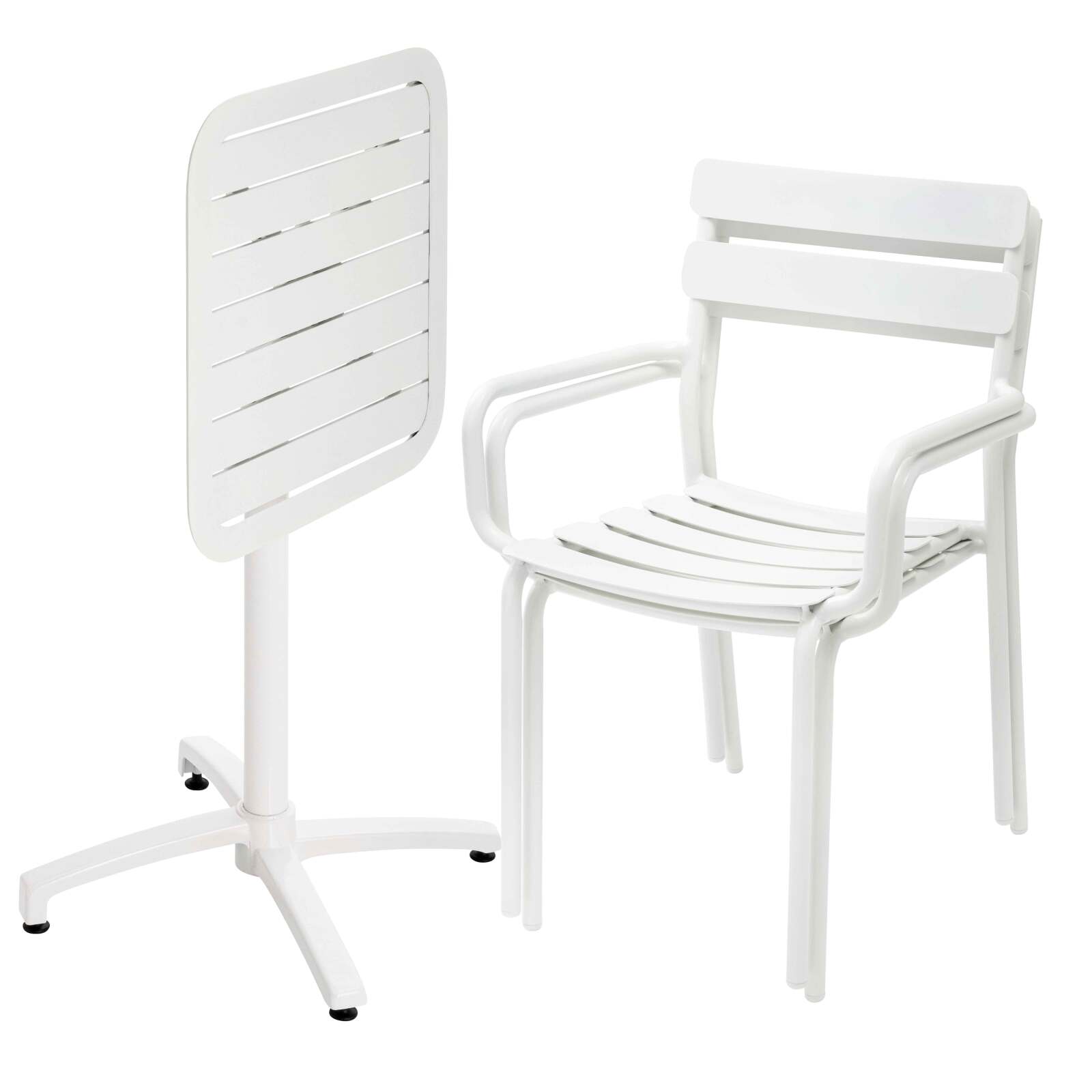 Tavolo da terrazza inclinabile in alluminio 60x60 cm e 2 sedie con braccioli