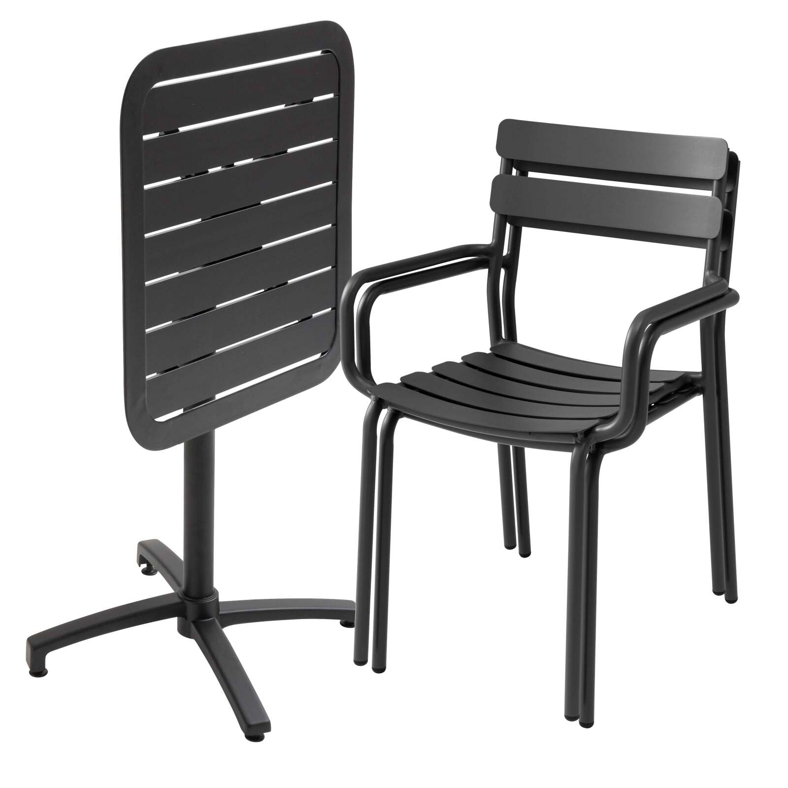 Tavolo da terrazza reclinabile in alluminio 70x70 cm e 2 sedie con braccioli