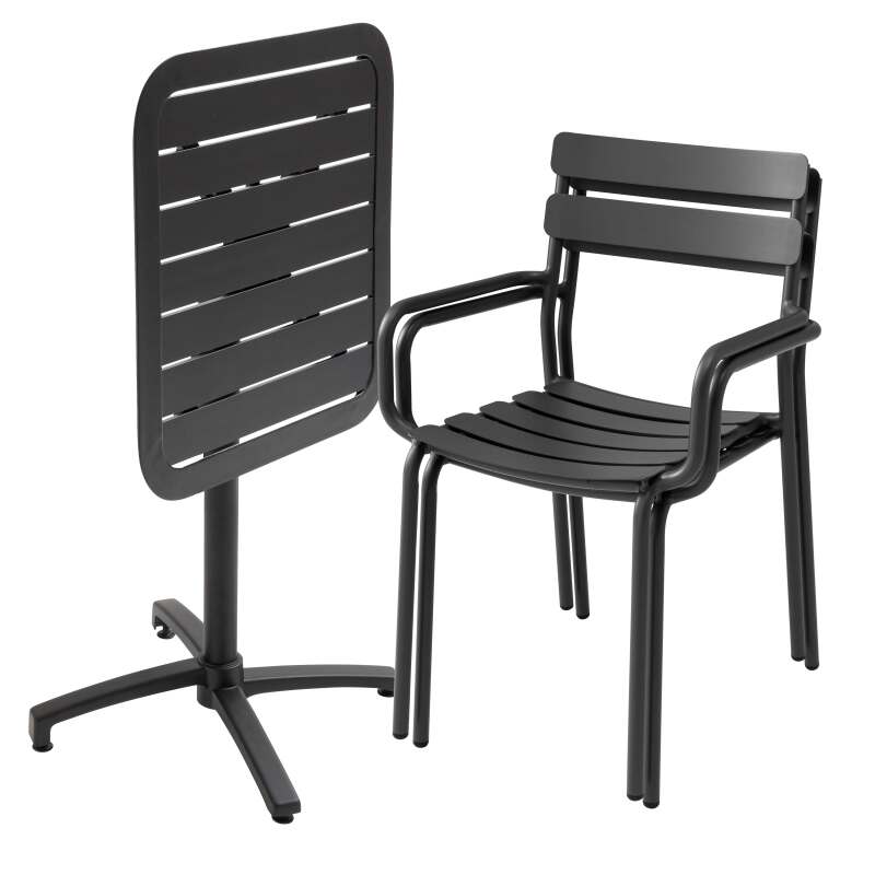 Tavolo da terrazza reclinabile in alluminio 70x70 cm e 2 sedie con braccioli