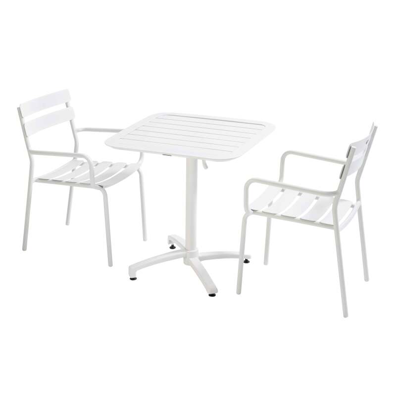 Tavolo da terrazza reclinabile in alluminio 70x70 cm e 2 sedie con braccioli