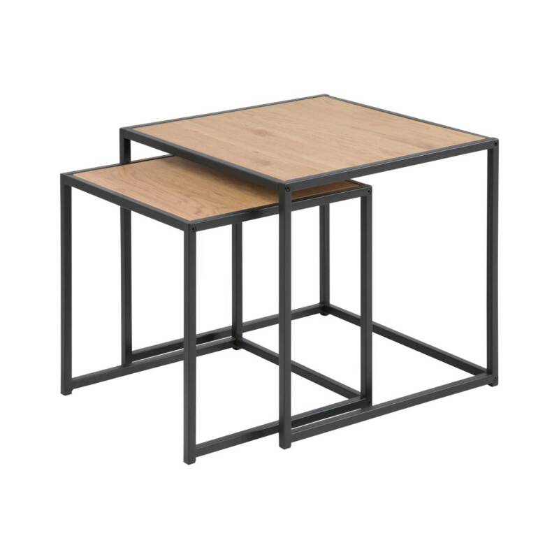 Tavolini impilabili quadrati in acciaio e MDF effetto rovere