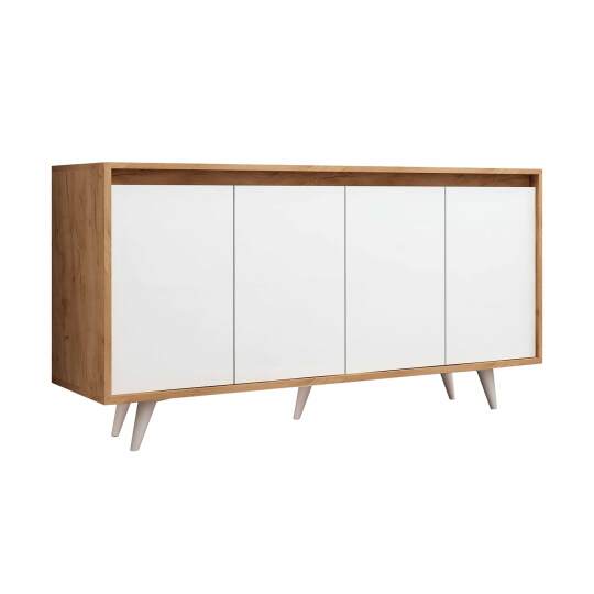 Buffet scandinavo bianco e legno 4 ante 140 cm | Oviala