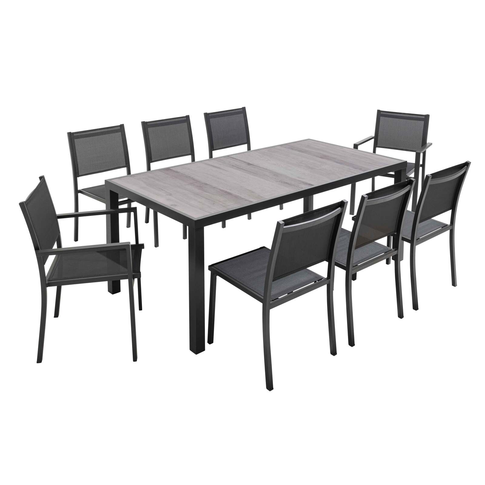 Tavolo da giardino rettangolare con piano in ceramica effetto legno grigio 185 x 95 cm, 6 sedie e 2 sedie con braccioli Tavolo da giardino rettangolare con piano in ceramica effetto legno grigio 185 x 95 cm, 6 sedie e 2 sedie con braccioli