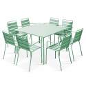 Tavolo da giardino quadrato 120 x 120 cm e 8 sedie con braccioli in metallo