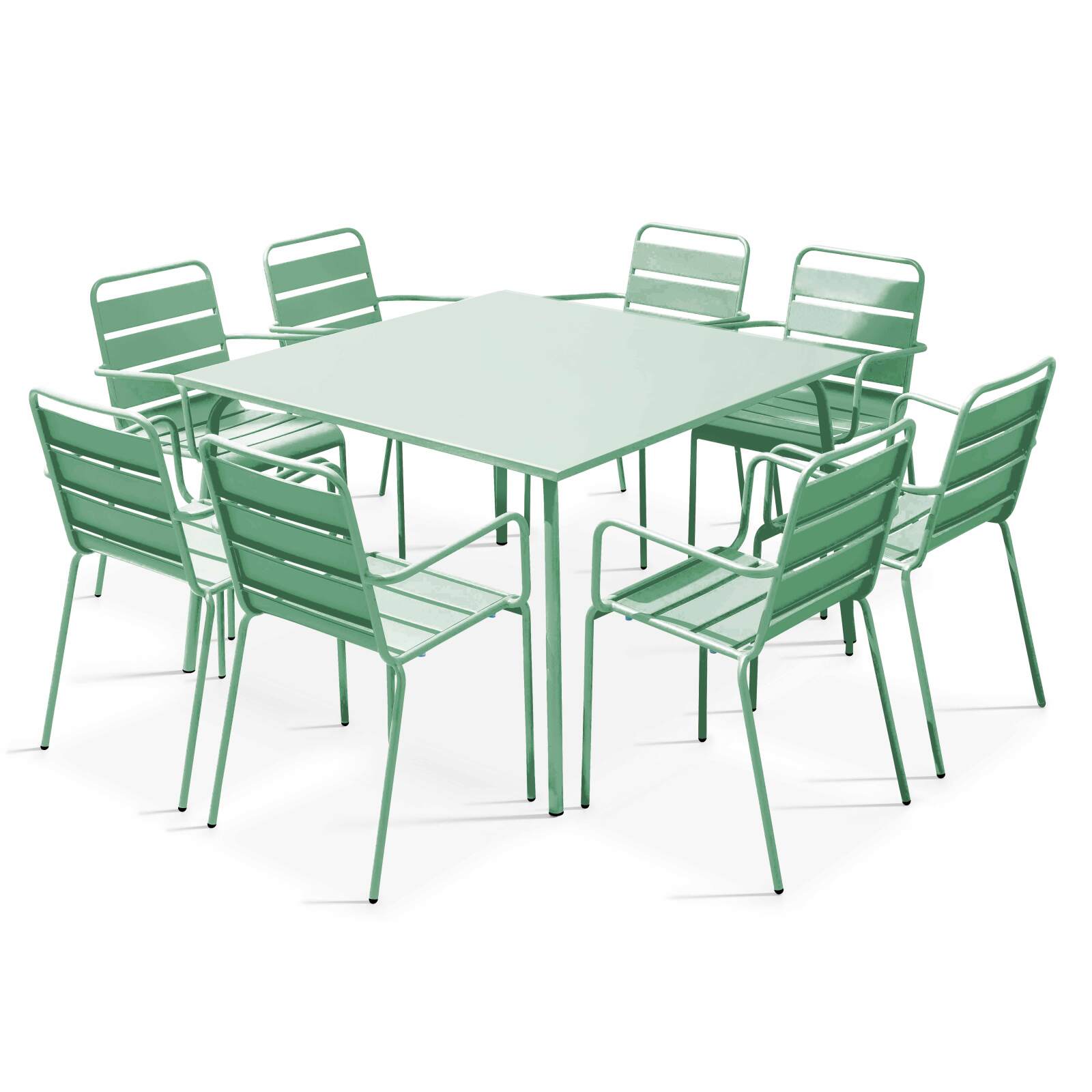 Tavolo da giardino quadrato 120 x 120 cm e 8 sedie con braccioli in metallo