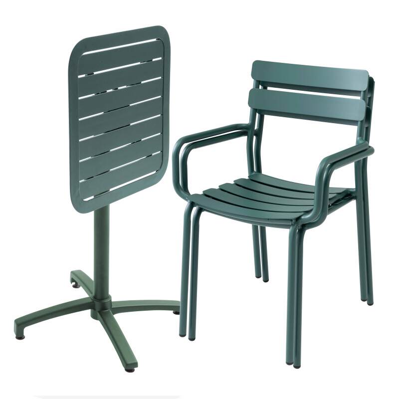 Tavolo da terrazza inclinabile in alluminio 60x60 cm e 2 sedie con braccioli