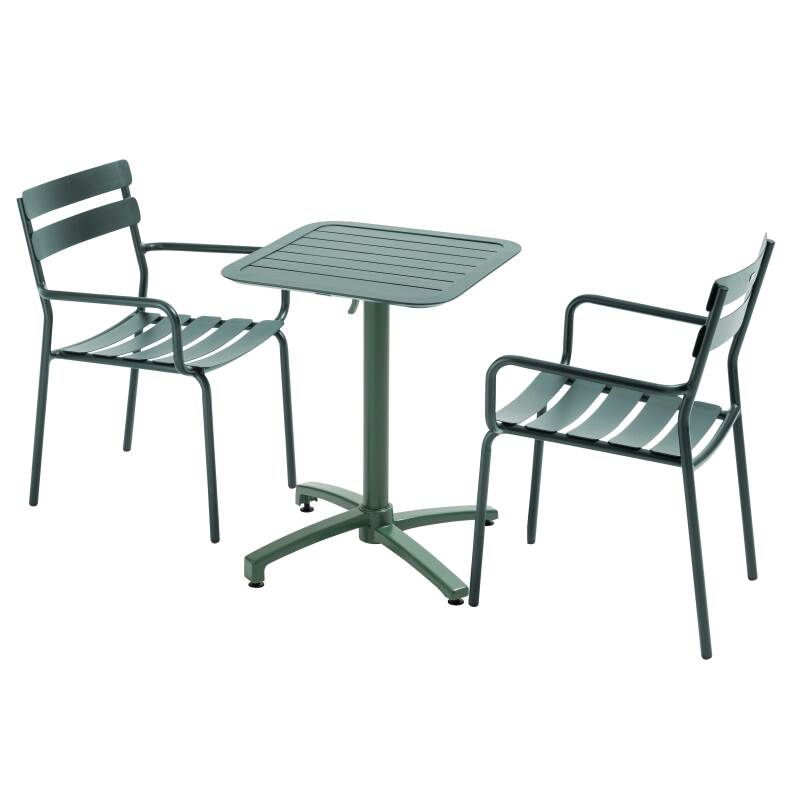 Tavolo da terrazza inclinabile in alluminio 60x60 cm e 2 sedie con braccioli