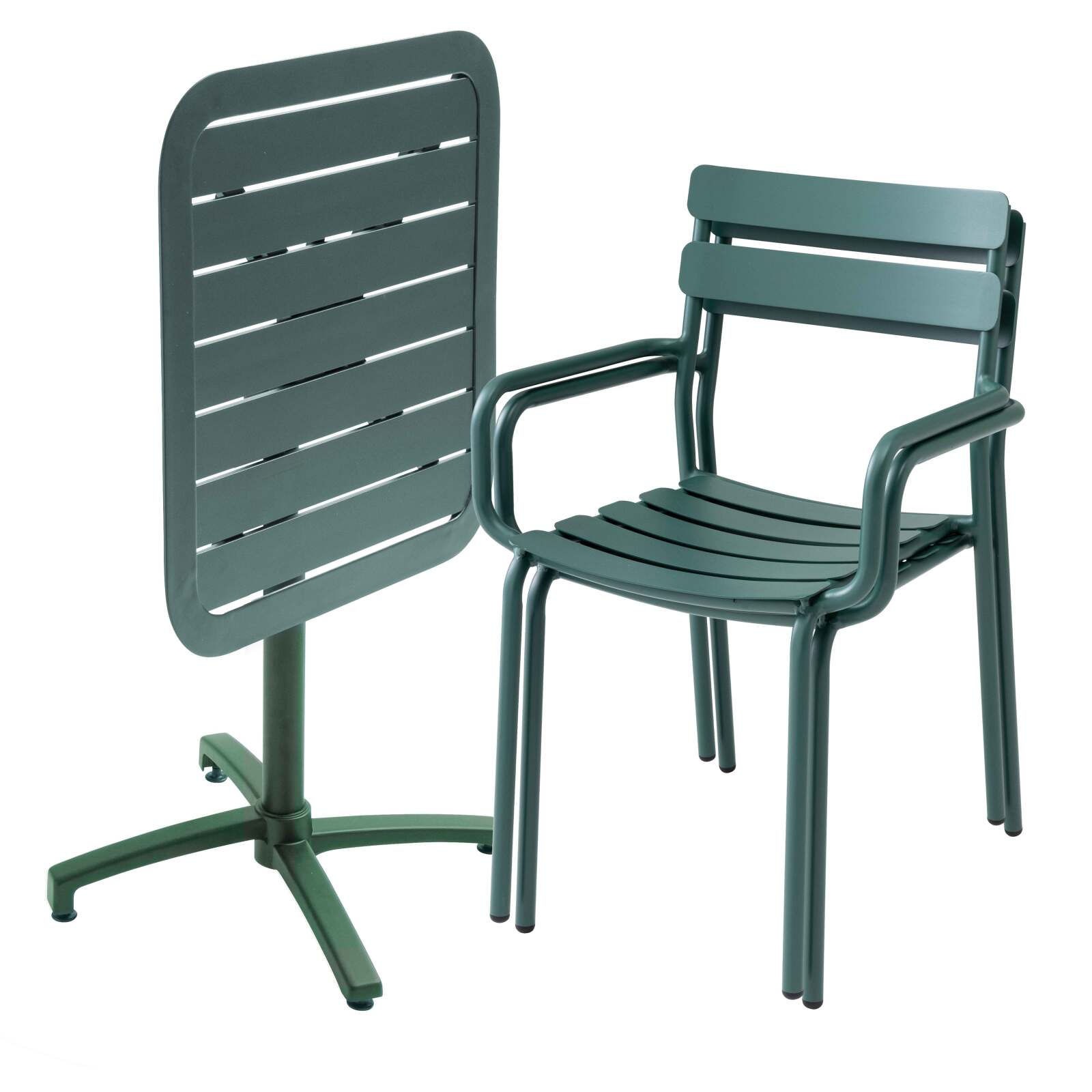 Tavolo da terrazza reclinabile in alluminio 70x70 cm e 2 sedie con braccioli