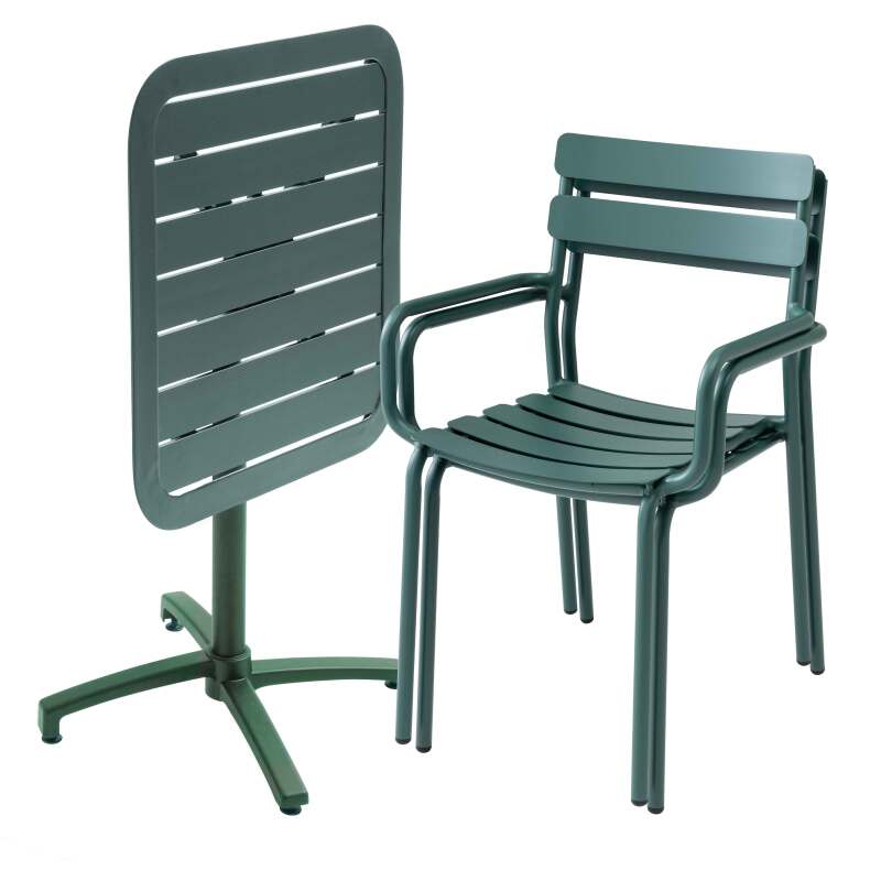 Tavolo da terrazza reclinabile in alluminio 70x70 cm e 2 sedie con braccioli