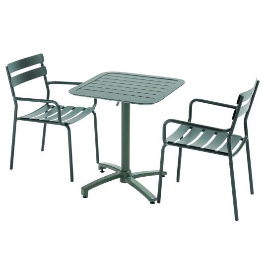 Tavolo da terrazza reclinabile in alluminio 70x70 cm e 2 sedie con braccioli
