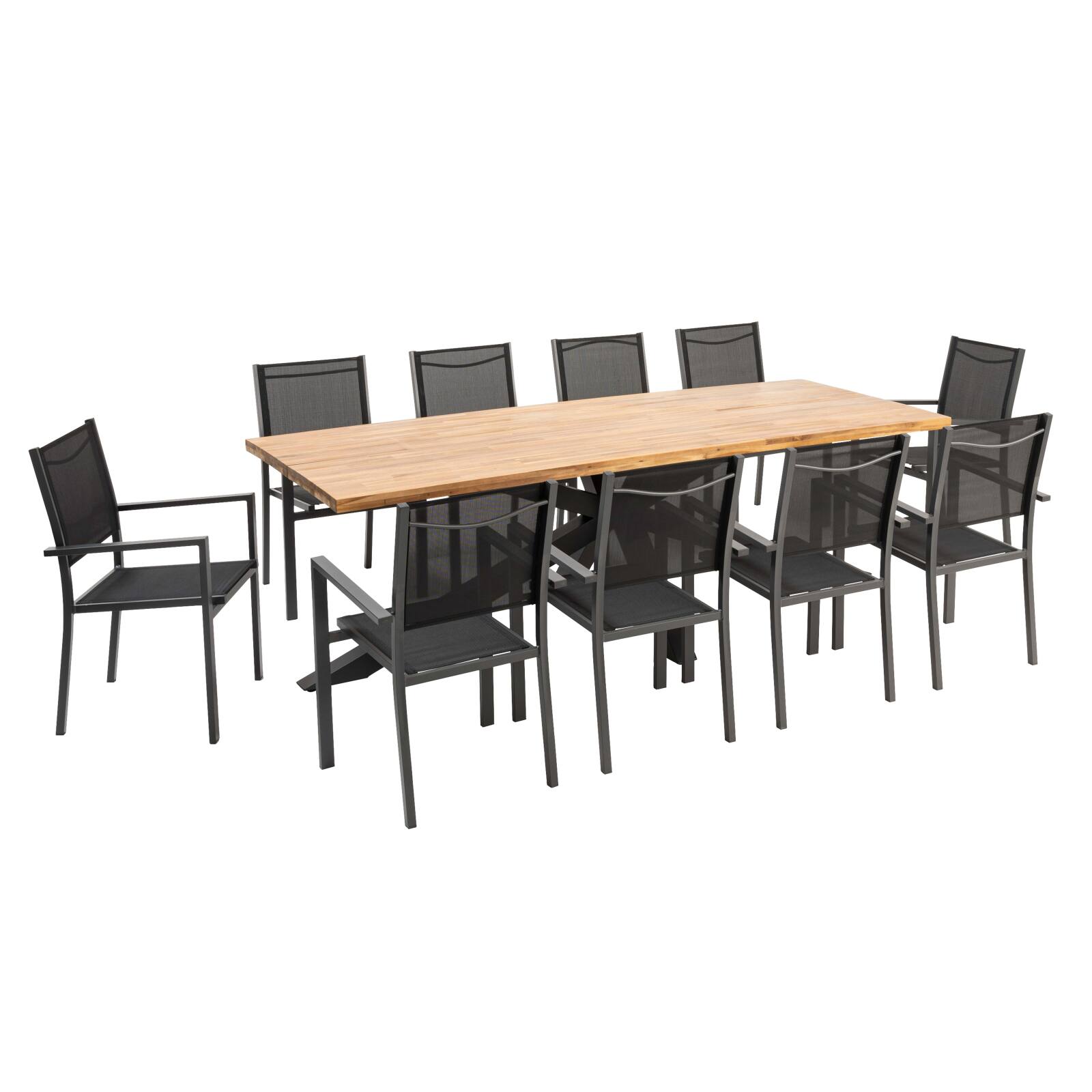 Tavolo da giardino rettangolare 240 x 95 cm in legno di acacia e 10 sedie con braccioli in alluminio