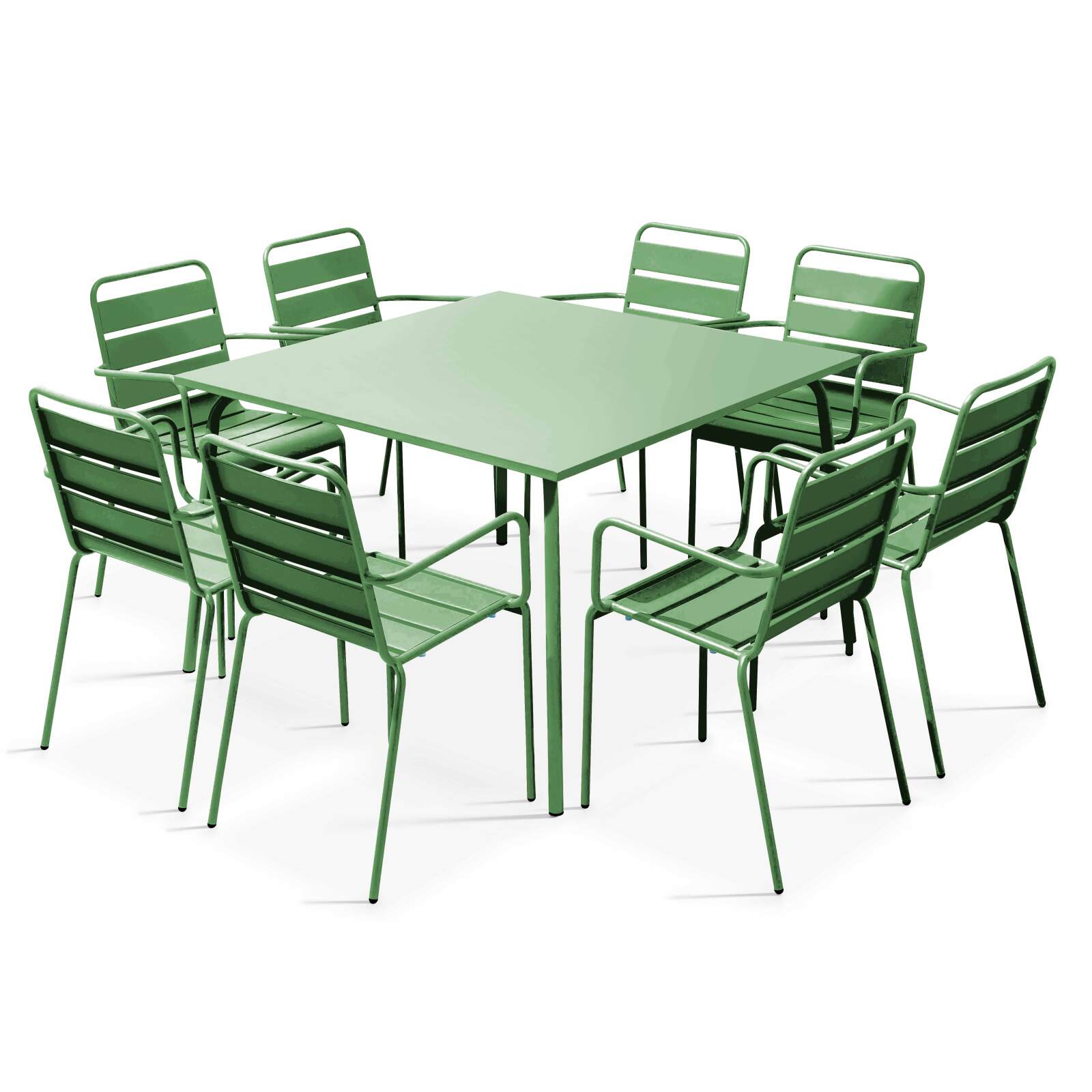 Tavolo da giardino quadrato 120 x 120 cm e 8 sedie con braccioli in metallo