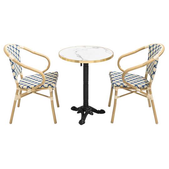 Tavolo da giardino bistrot inclinabile in laminato effetto marmo e ghisa Ø60 cm e 2 sedie in rattan sintetico e alluminio | Ovia