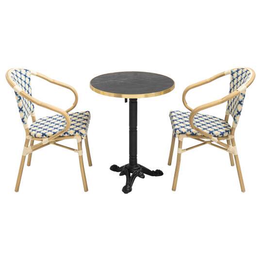Tavolo da giardino bistrot inclinabile in laminato effetto marmo e ghisa Ø60 cm e 2 sedie in rattan sintetico e alluminio | Ovia