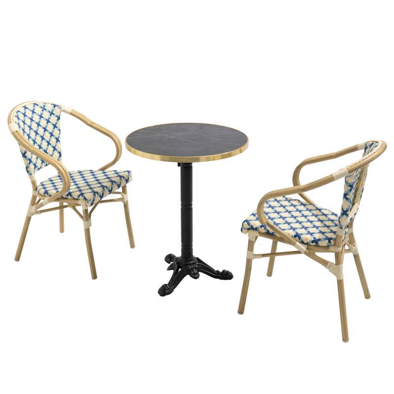 Tavolo da terrazza in compensato con bordo in alluminio ⌀60 cm e 2 sedie in stile bistrot parigino