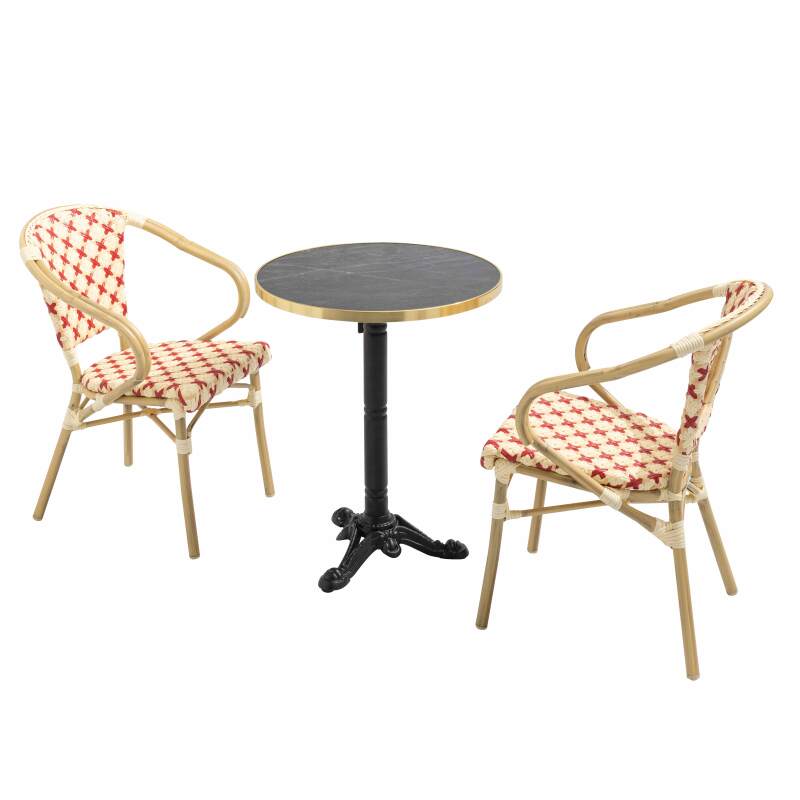 Tavolo da terrazza in compensato con bordo in alluminio ⌀60 cm e 2 sedie in stile bistrot parigino