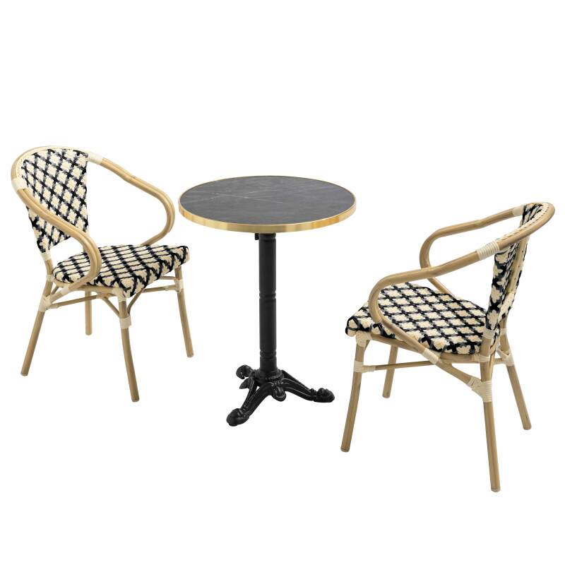 Tavolo da terrazza in compensato con bordo in alluminio ⌀60 cm e 2 sedie in stile bistrot parigino