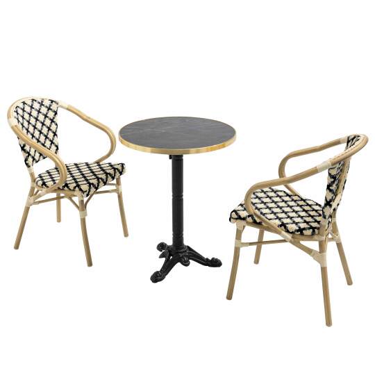 Tavolo da giardino bistrot inclinabile in laminato effetto marmo e ghisa Ø60 cm e 2 sedie in rattan sintetico e alluminio | Ovia