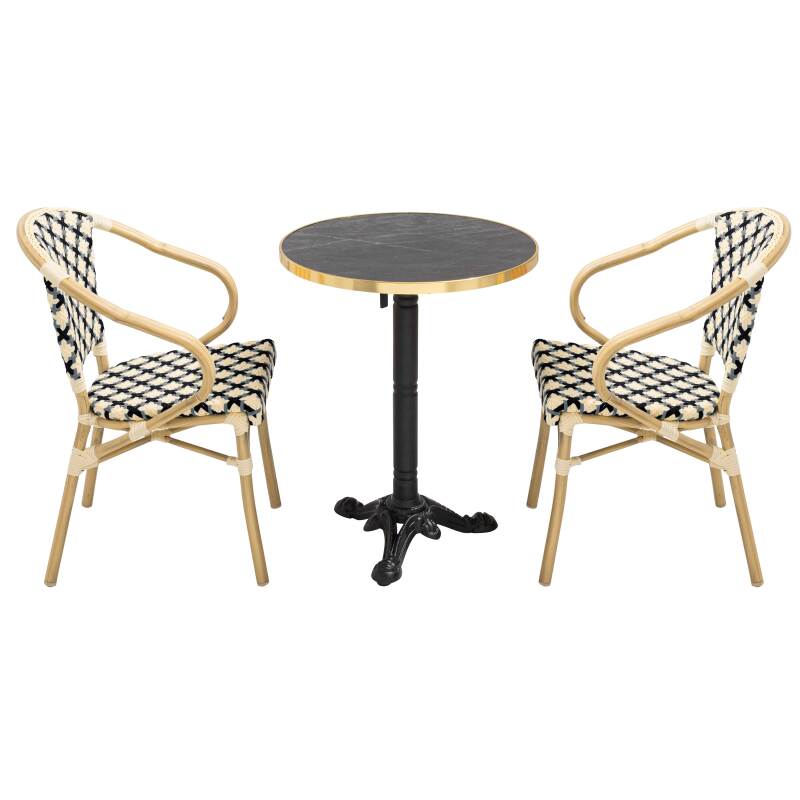 Tavolo da terrazza in compensato con bordo in alluminio ⌀60 cm e 2 sedie in stile bistrot parigino