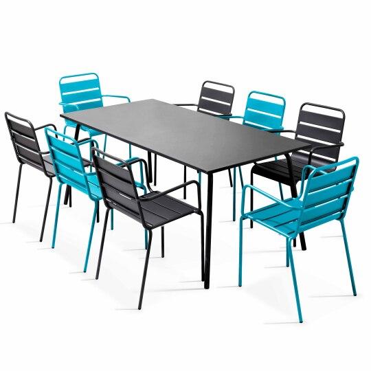 Tavolo da giardino in metallo 180x90 cm e 8 sedie spaiate con braccioli | Oviala