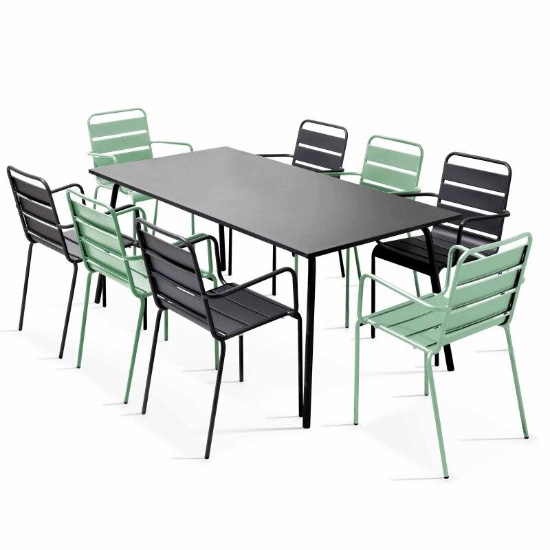 Tavolo da giardino rettangolare 180 x 90 cm e 8 sedie spaiate con braccioli in metallo
