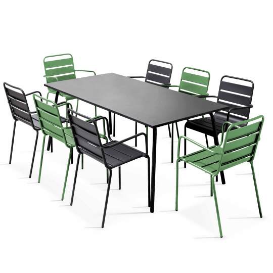 Tavolo da giardino in metallo 180x90 cm e 8 sedie spaiate con braccioli | Oviala