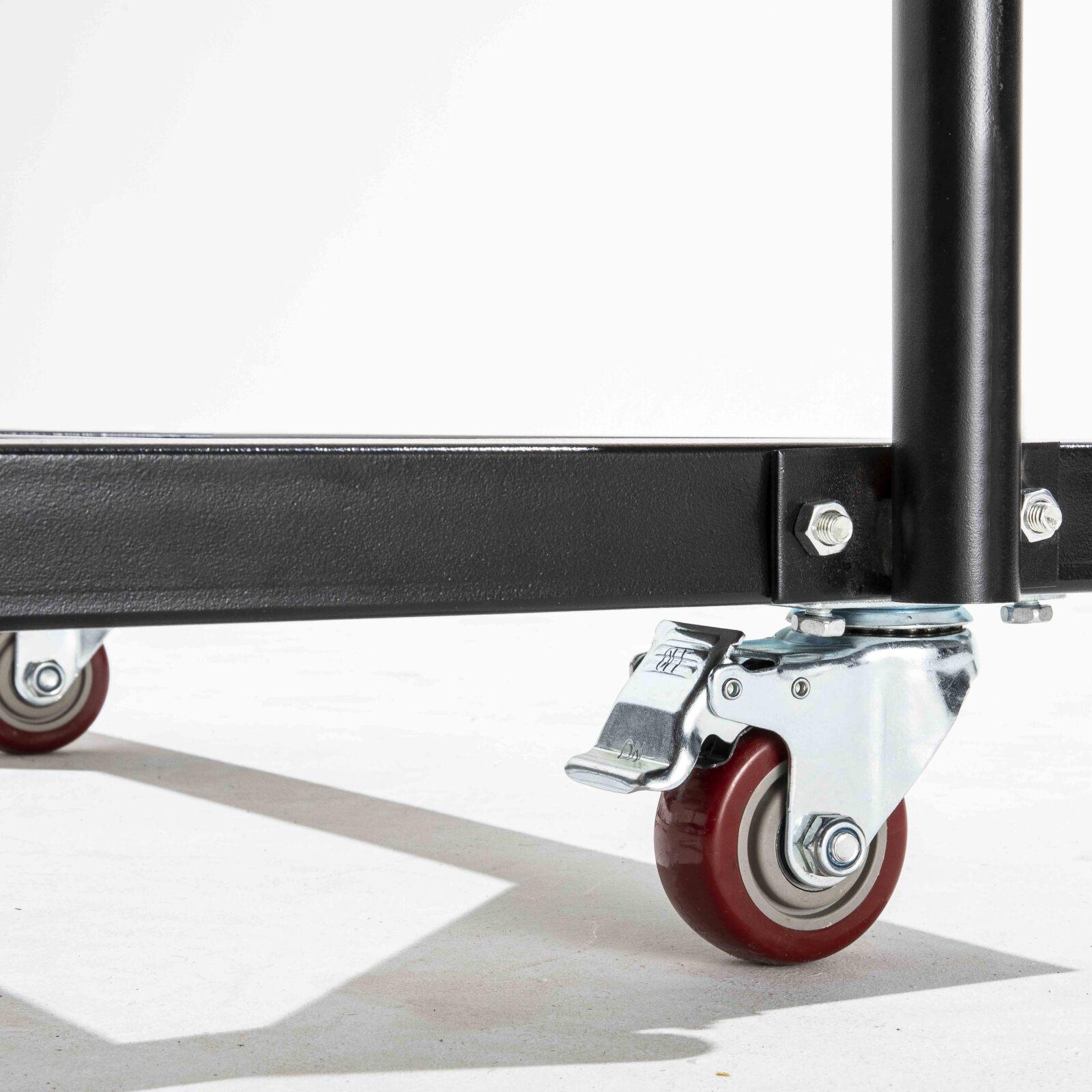 Set di 13 tavoli pieghevoli rotondi neri da 150 cm e carrello di trasporto