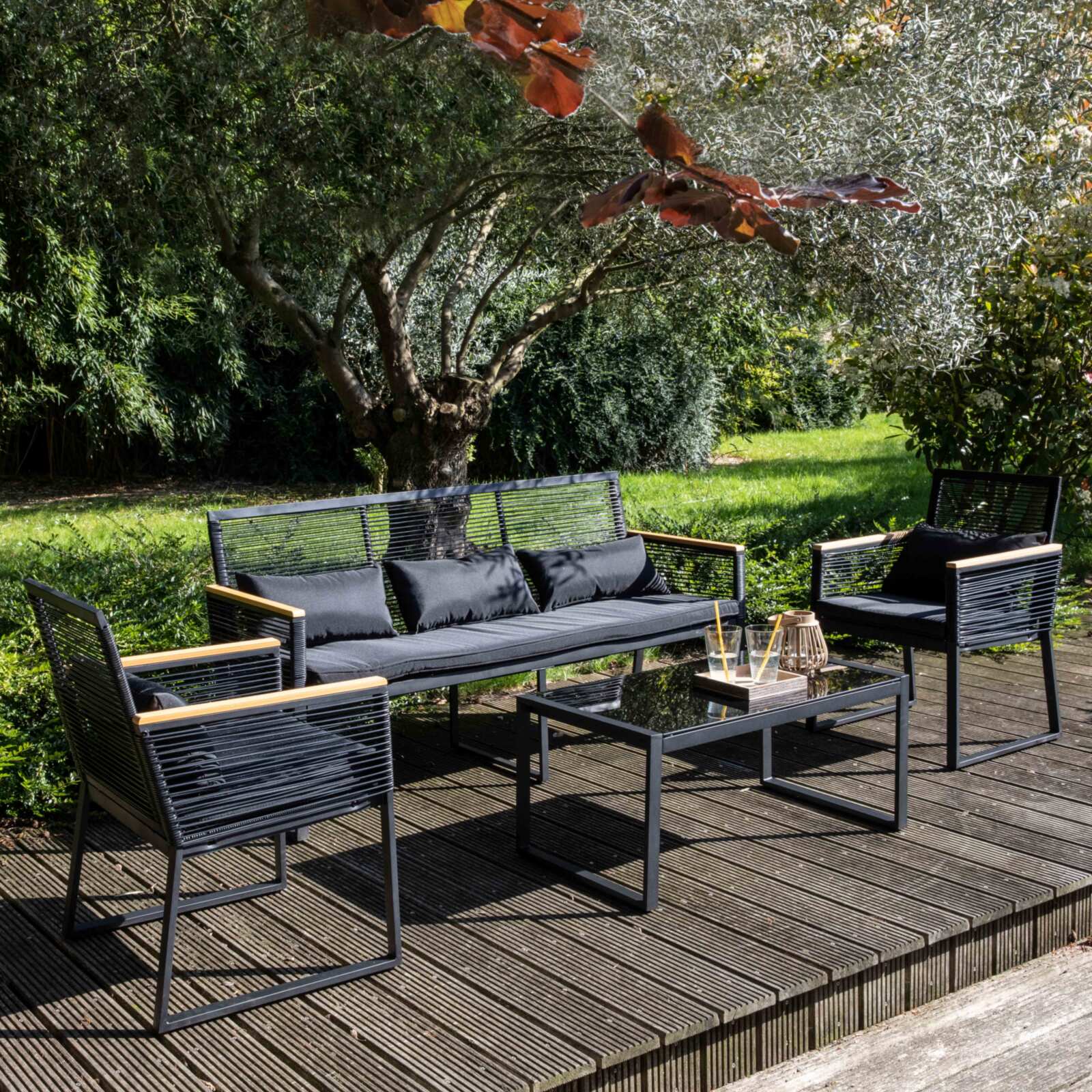 Mobile da giardino in fili intrecciati neri - 5 posti