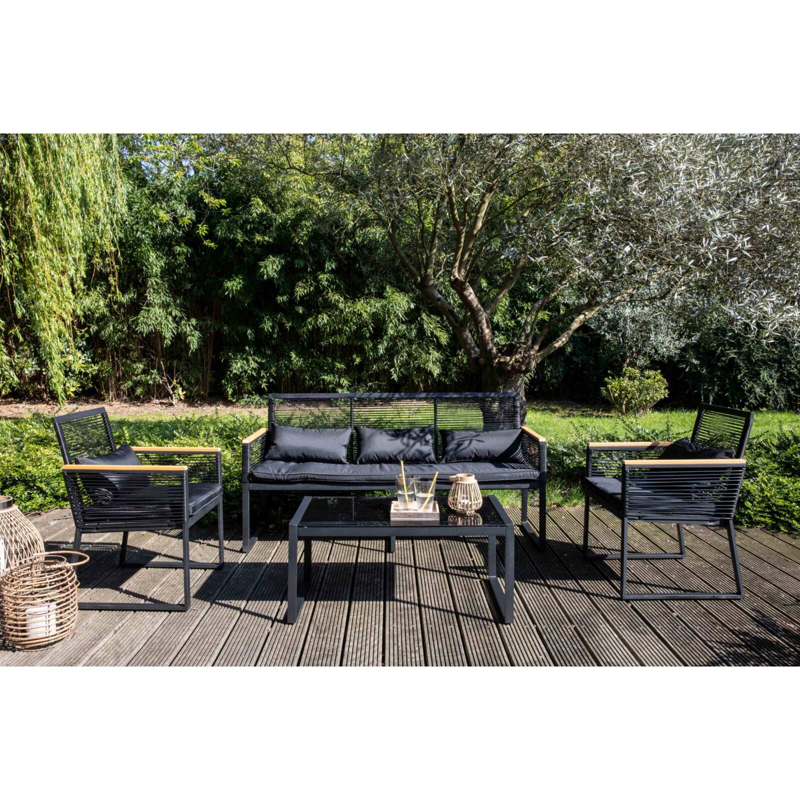 Mobile da giardino in fili intrecciati neri - 5 posti