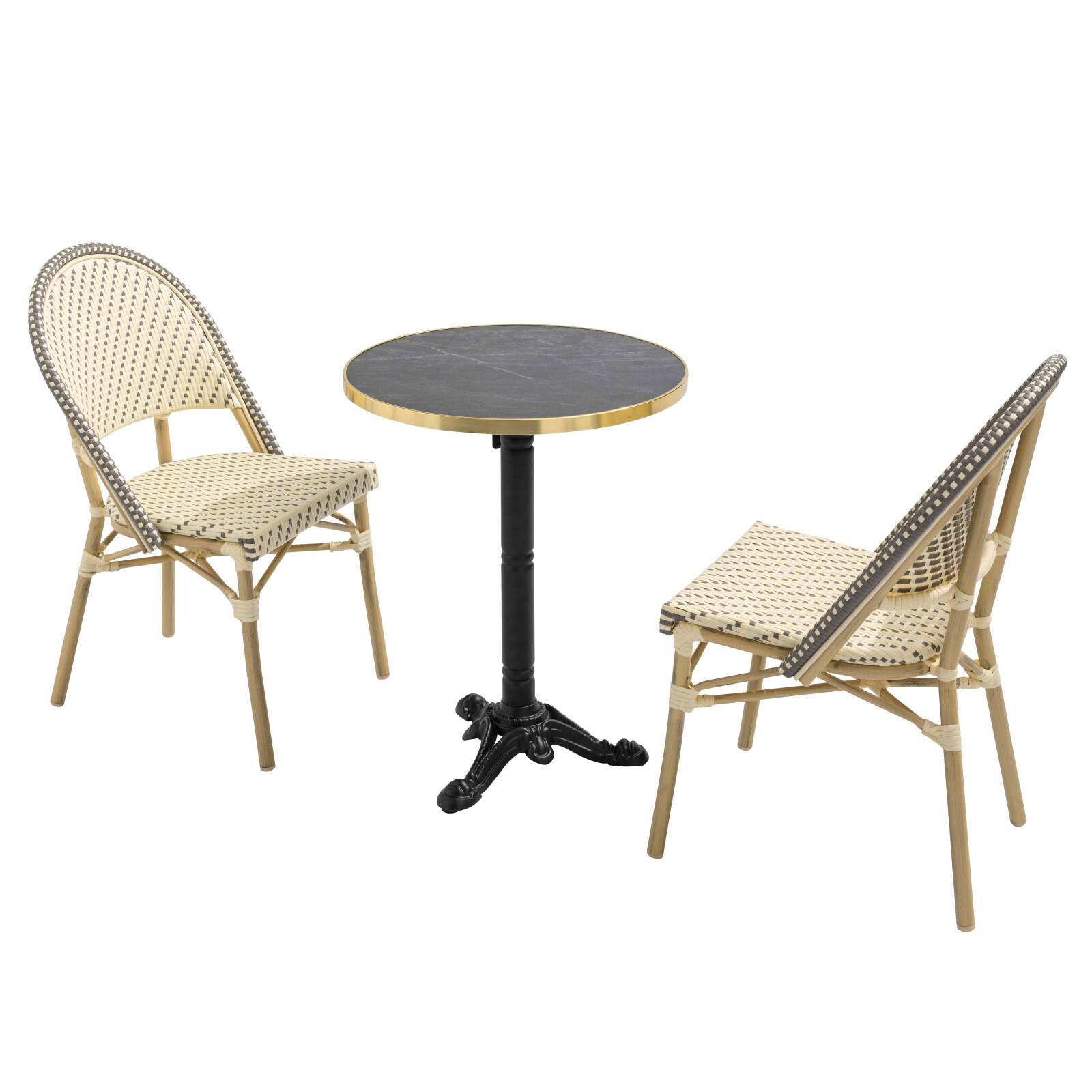 Tavolo da terrazza ⌀60 cm reclinabile in laminato e 2 sedie stile bistrot in rattan sintetico